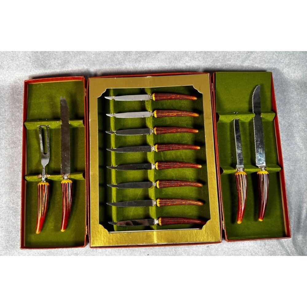 Vintage Sheffield England 12 Pc Steak Carving Knife Set Faux Stag Handles Box